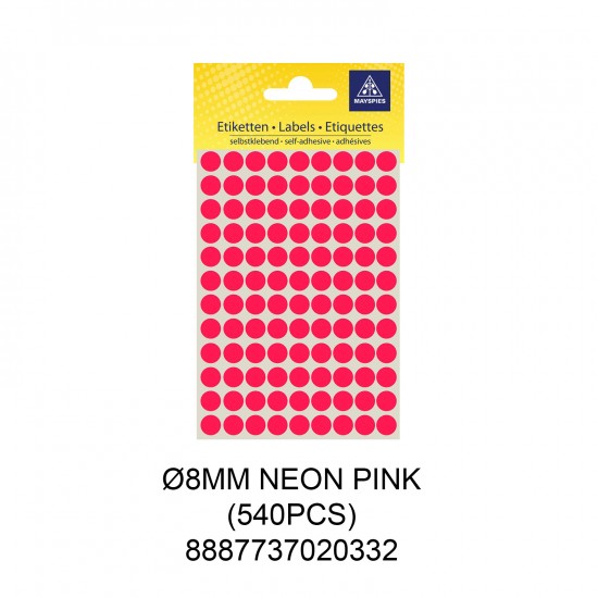 MAYSPIES MS008 COLOUR DOT LABEL / 5 SHEETS/PKT / 540PCS/ ROUND 8MM NEON PINK